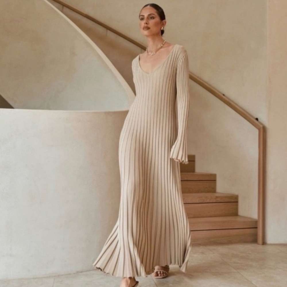DISSH Women's Reign Maxi Ribbed Knit Dress Stone Cream V-Neck Long Sleeve- XS